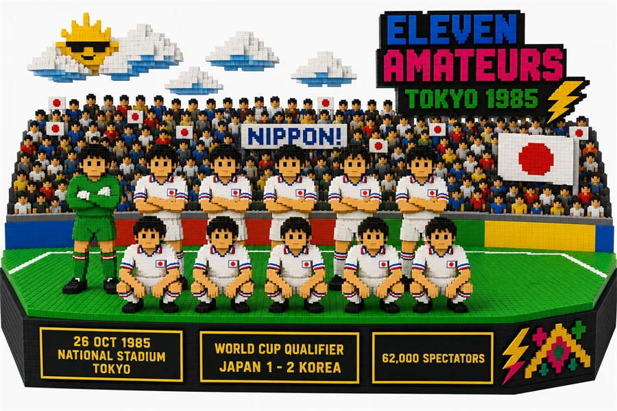 1985年10月26日、国立競技場でのキックオフ前に整列した日本代表の先発11人を再現したボクセルジオラマ。白のユニフォームで後列6人が腕を組んで立ち、前列5人がしゃがむ。左端のGKは緑。背後のスタンドは満員で、日の丸の小旗と「NIPPON!」の横断幕が並ぶ