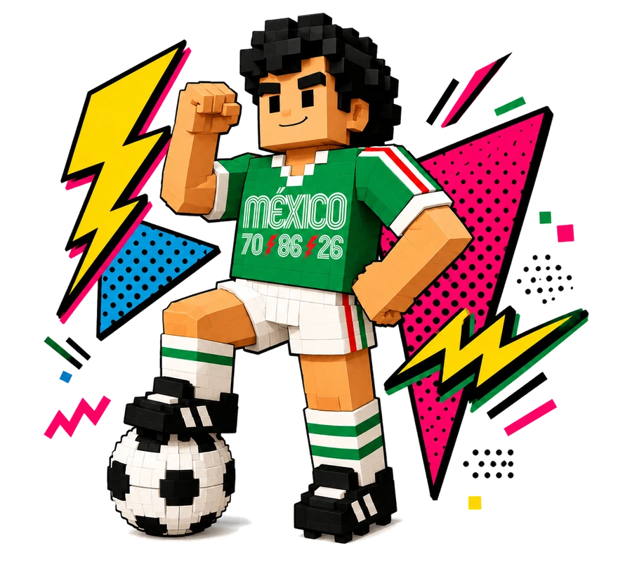 MÉXICO 70 / 86 / 26 の記念ユニフォームを着たボクセルアートのサッカー選手キャラクター