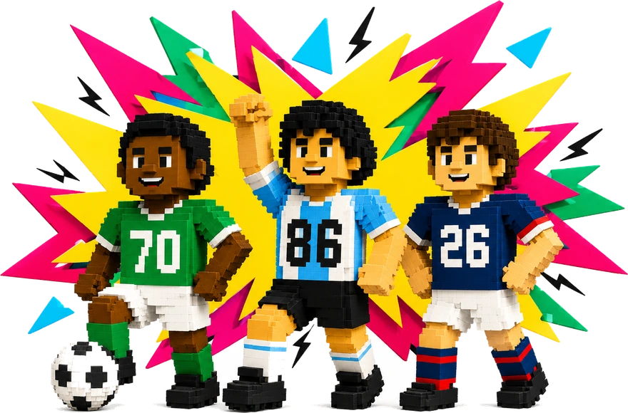 70番の緑、86番の水色縞、26番の紺のユニフォームを着た3人のボクセルアートの選手。3度のメキシコW杯をそれぞれ象徴している
