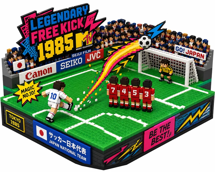 木村和司の伝説のフリーキックを再現したボクセルジオラマ（1985年 国立競技場）。日本代表は白のユニフォーム、背番号10