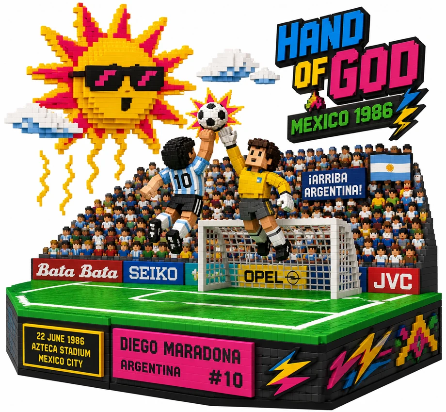 1986年準々決勝51分の「神の手」を再現したボクセルジオラマ。身長165cmのマラドーナがGKシルトンとの空中戦で左手をボールに伸ばしている