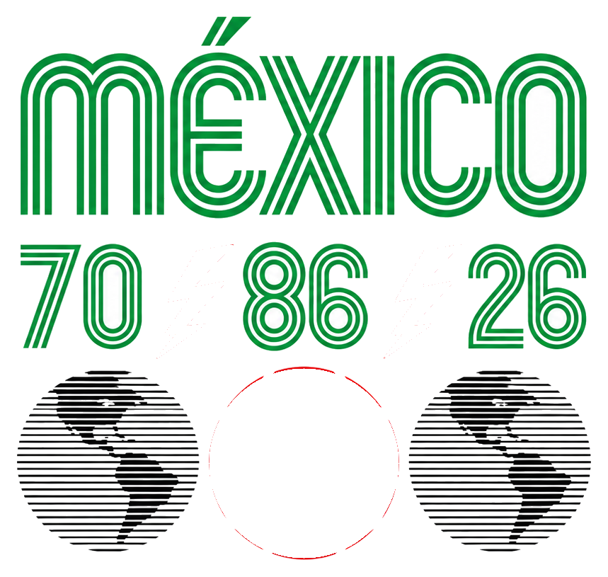 MÉXICO 70 ⚡ 86 ⚡ 26 ── 3度のメキシコW杯を繋ぐロゴ。レトロ多重ラインの「MÉXICO」と赤い稲妻で区切られた 70／86／26、地球儀とメキシコカラーのサッカーボール