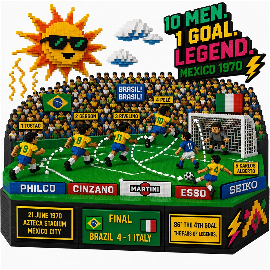 1970年W杯決勝86分の4点目を再現したボクセルジオラマ。トスタオン（9）→ジェルソン（8）→リベリーノ（11）→ペレ（10）→カルロス・アルベルト（4）のパス経路が白い破線と番号タグで描かれている