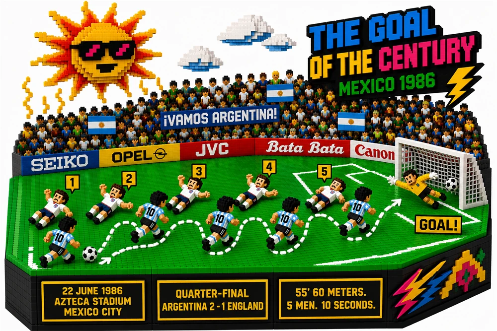 1986年準々決勝55分、マラドーナが自陣からイングランドの5人とGKシルトンをかわし約60メートルを独走した「世紀のゴール」を再現したボクセルジオラマ。白い破線のドリブル経路と抜かれた5人の番号タグ、ネットに入ったボールが描かれている