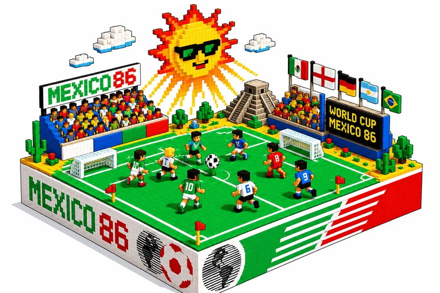 メキシコW杯のスタジアムを再現したボクセルピッチジオラマ。太陽・ピラミッド・出場国の旗が並ぶ
